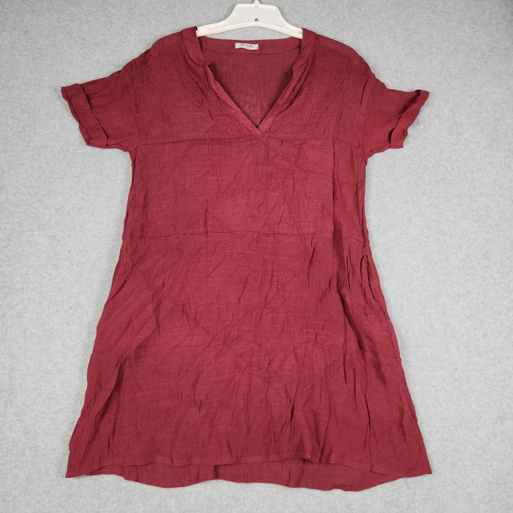 Aimage Tunic Dress Womens Medium Burgundy V-Neck Short Sleeve Tiered Split Neck